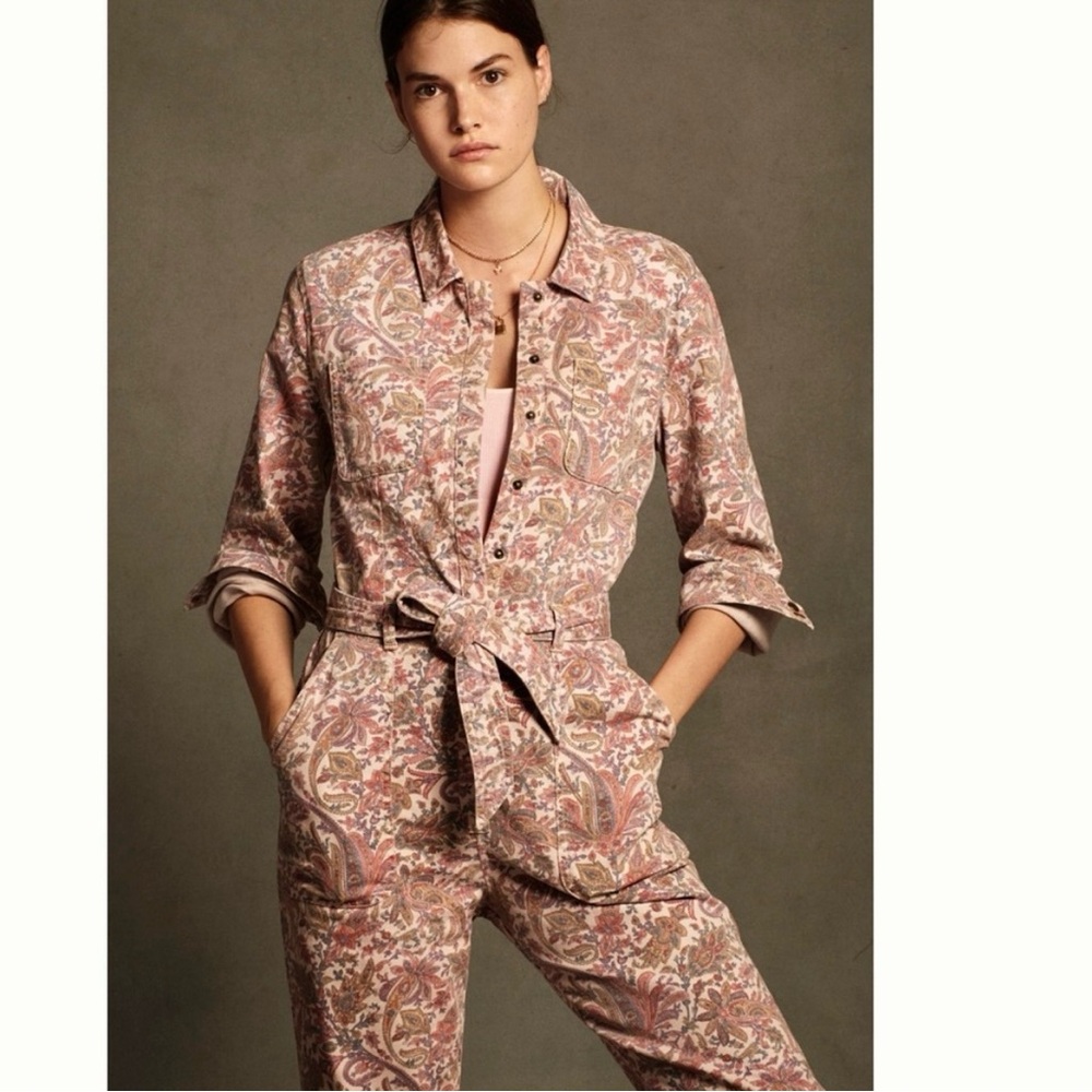 Anthropologie Long Sleeve Rose Denim Paisley Utility Jumpsuit WaistTye Size XS⭐️
